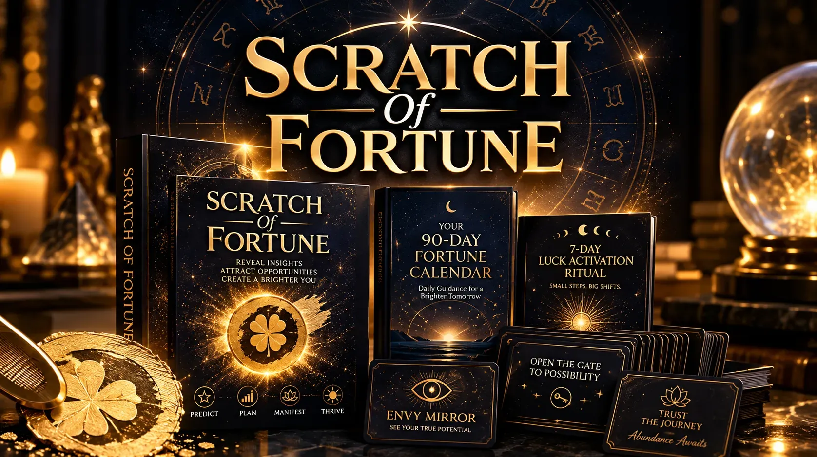 Scratch Of Fortune packaging artwork: navy and gold guide cover with a gold four-leaf clover scratch coin, the 90-Day Fortune Calendar and 7-Day Luck Activation Ritual covers, a stack of affirmation cards, a candle and a crystal ball